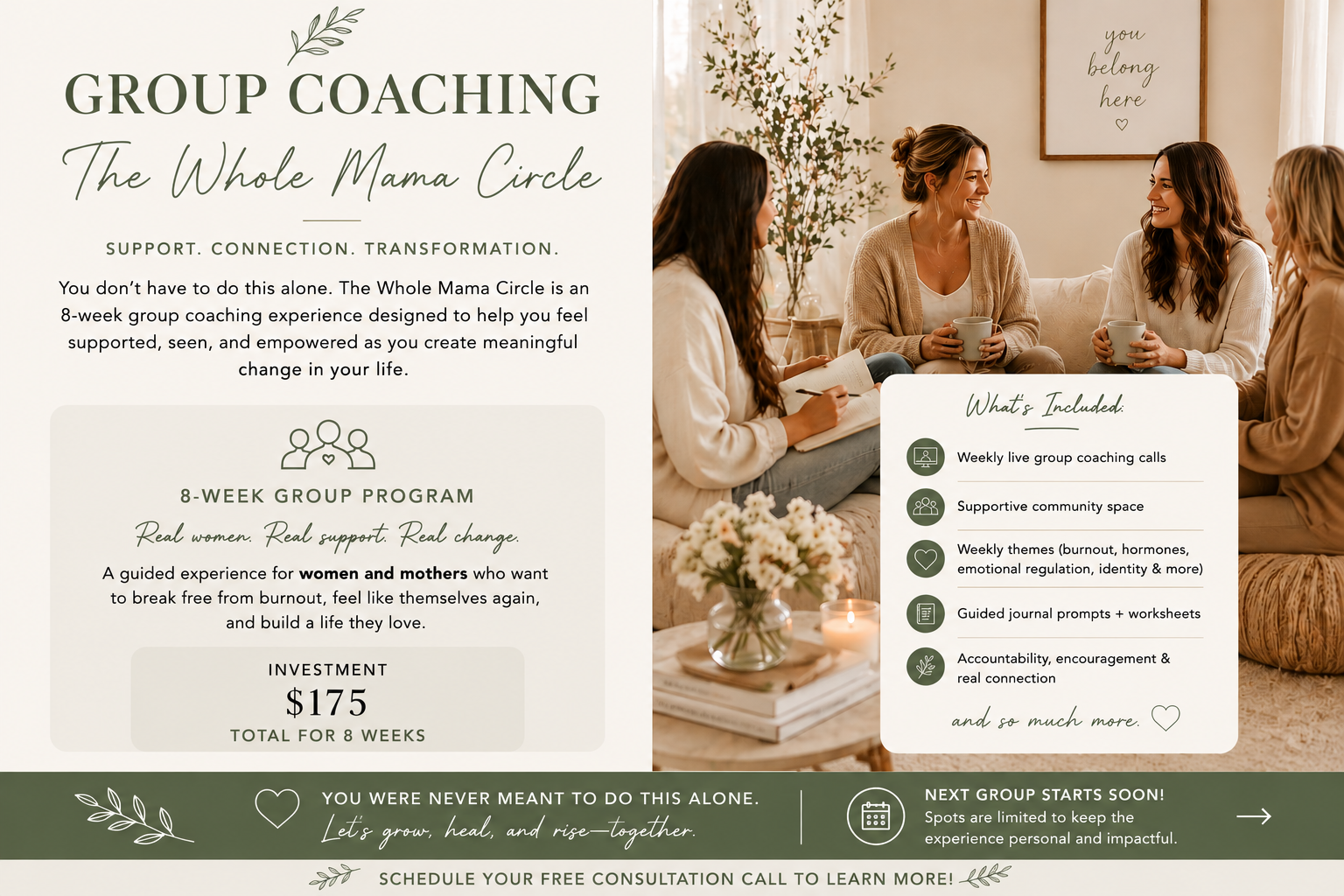 An informational flyer about a group coaching program for mothers, featuring a photo of four women sitting on a couch with coffee mugs, and text outlining the program details, what's included, investment cost, and a supportive message.