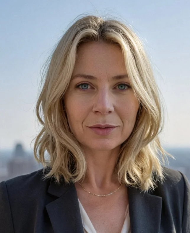 Close-up of a blonde woman with blue eyes, wearing a black blazer and a white top, standing outdoors with a cityscape in the background.