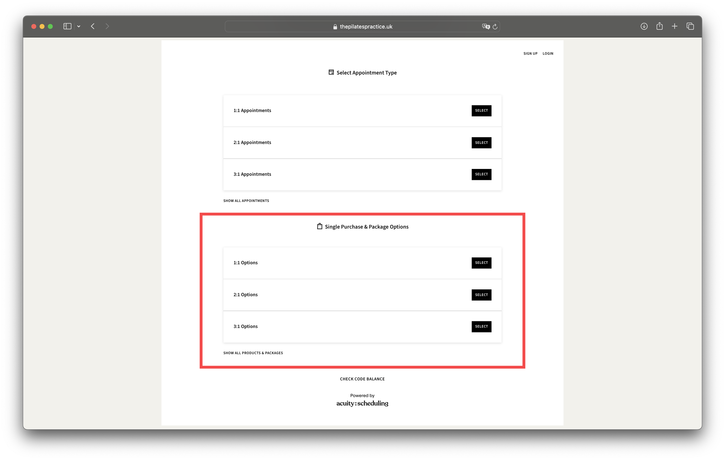 Firstly you need to purchase your desired quantity of sessions from the 'Single Purchase and Packages' section on the main booking page - highlighted here in red.