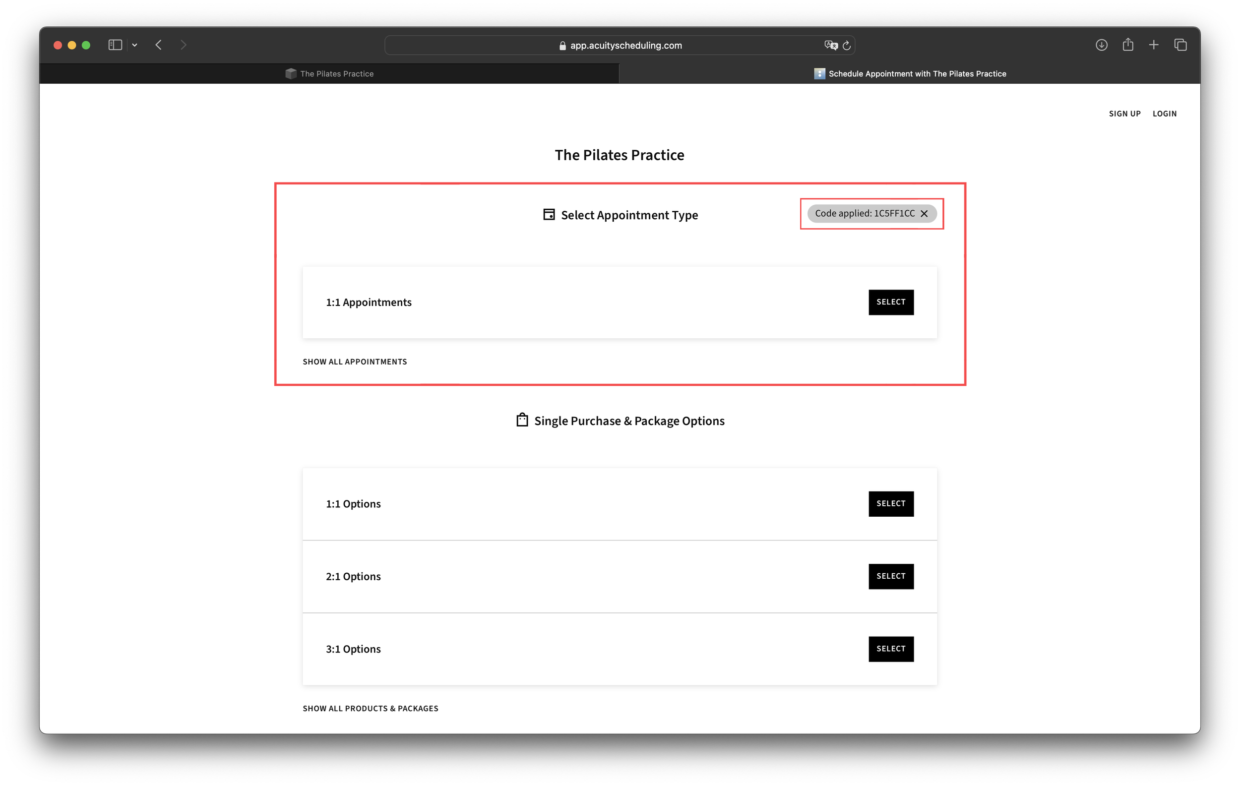 Please note the applied code highlighted in red in the top right hand corner. You do not need to do anything with this, it simply acts like a voucher allowing you to go through the booking system and make appointments without further charges.  

Sele