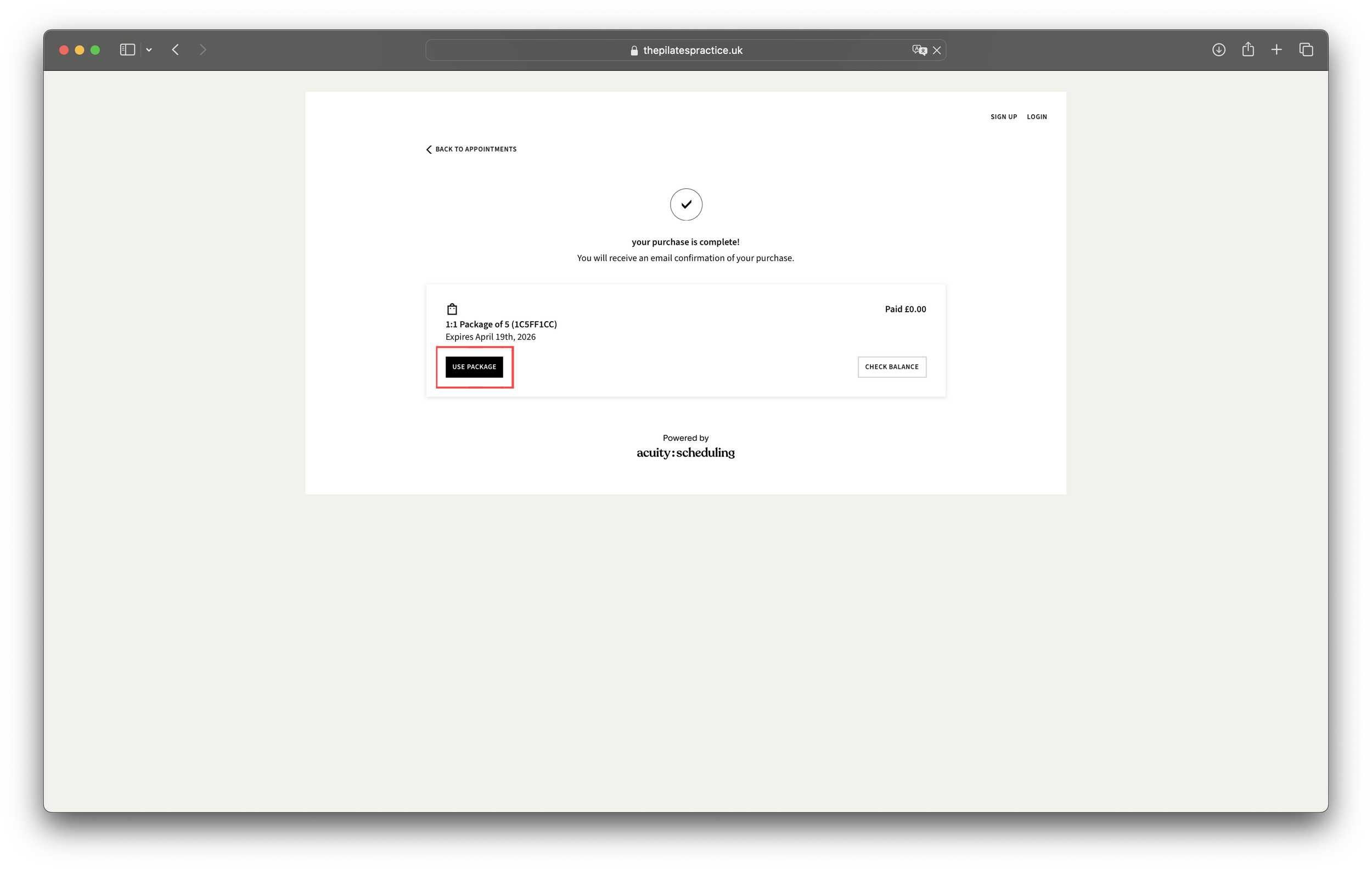 Once your purchase is complete select 'use package'