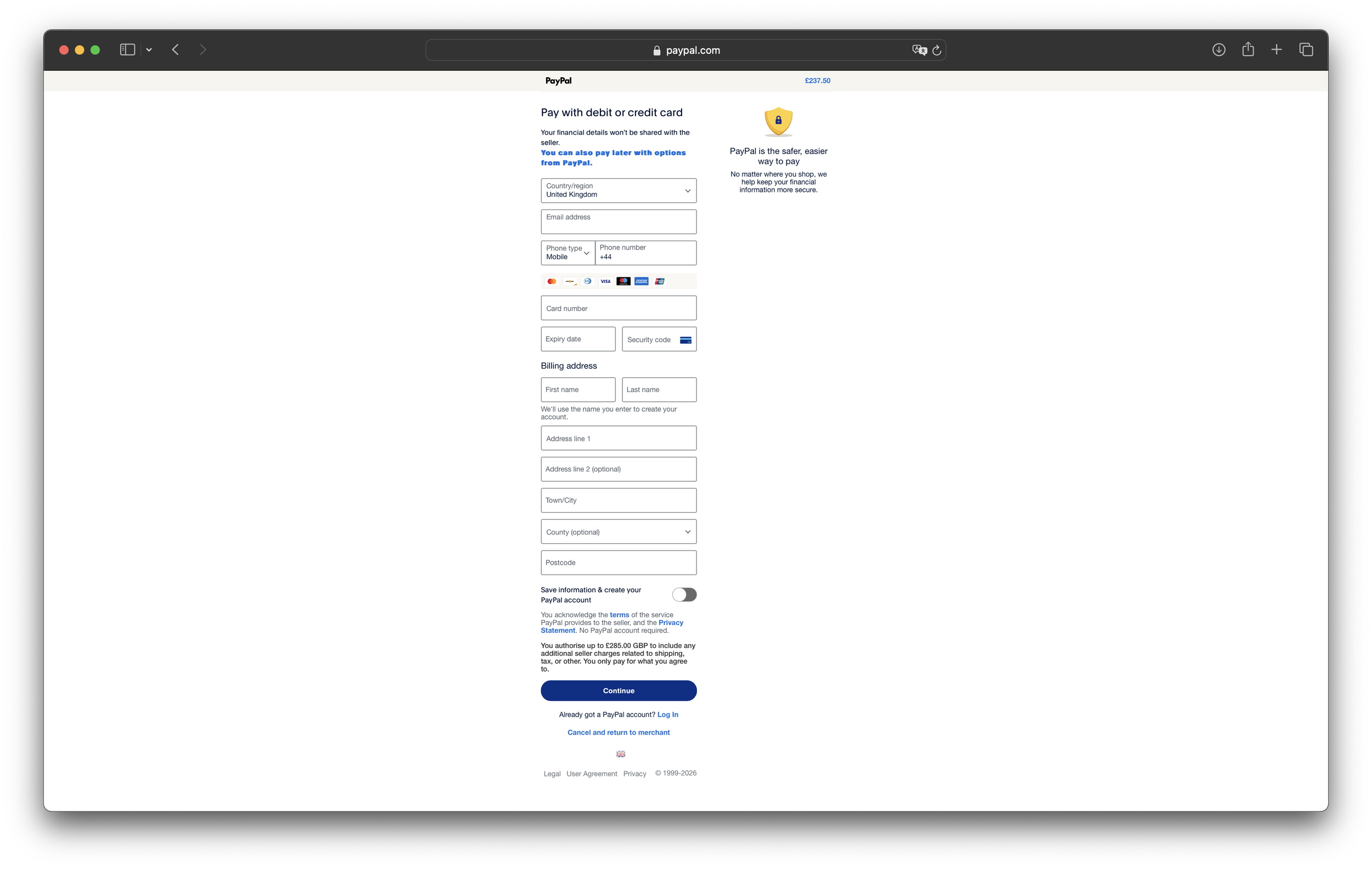 Enter your payment details and scroll down to select continue.