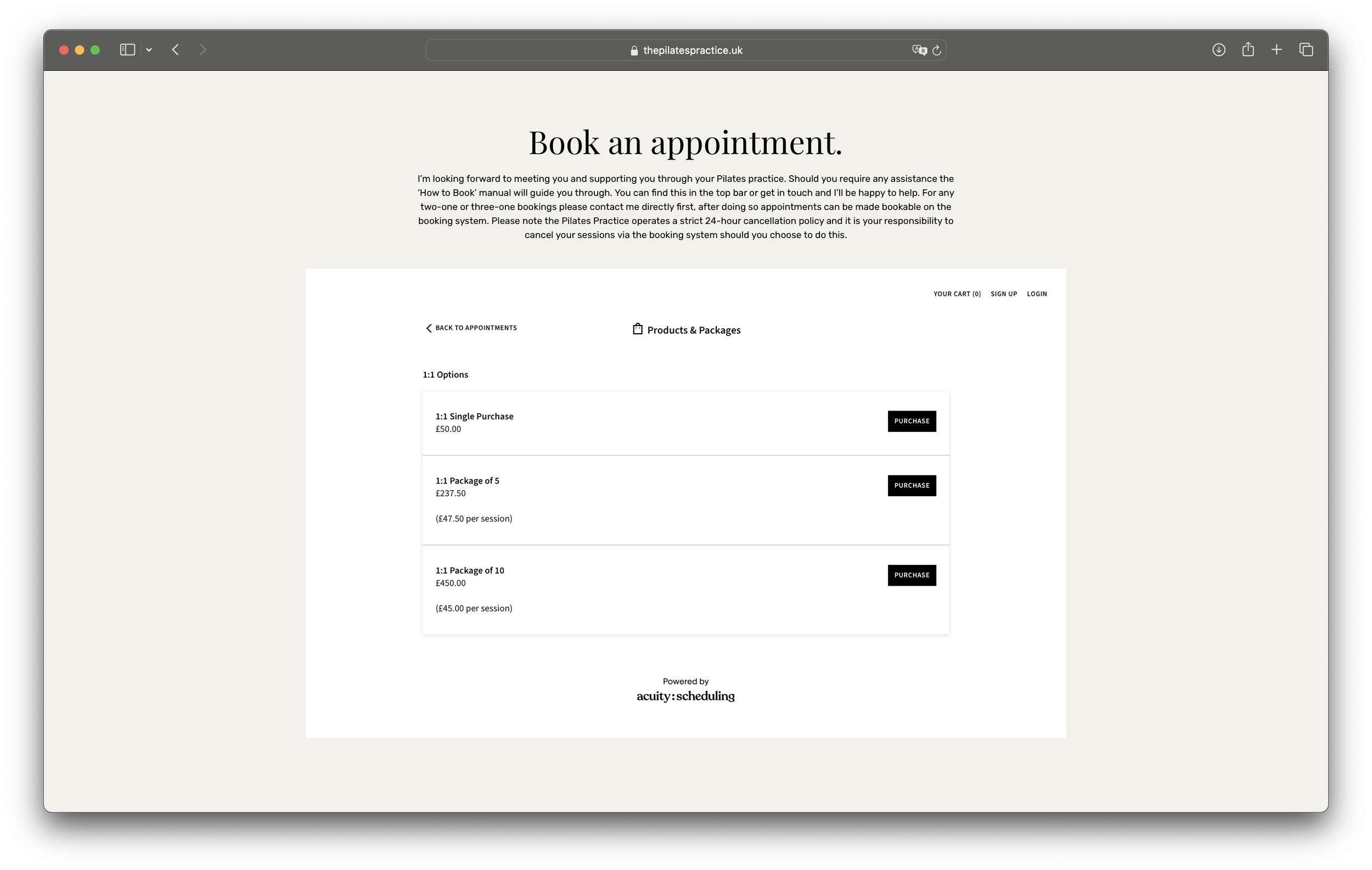 Select the relevant package type you'd like to purchase, 1:1, 2:1 or 3:1 - here is an example of a 1:1 package options.