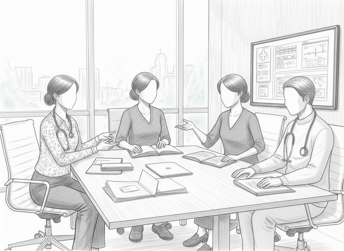 Medical professionals attending a meeting in a conference room with a city view. Four people, including a doctor with a stethoscope, are engaged in discussion over documents and a patient chart.