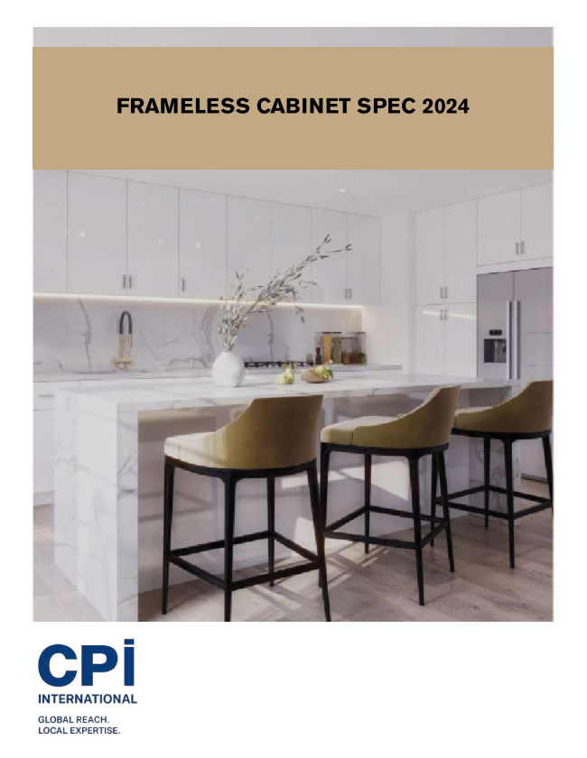 Cover page of a document titled 'FrameLess Cabinet Spec 2024' featuring a modern kitchen with white cabinetry, a marble island, three barstools, and a stainless steel refrigerator. The company's logo, CPI International, is at the bottom with the tagline 'Global Reach, Local Expertise.'