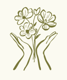 Two hands holding a bunch of flowers with five blossoms.