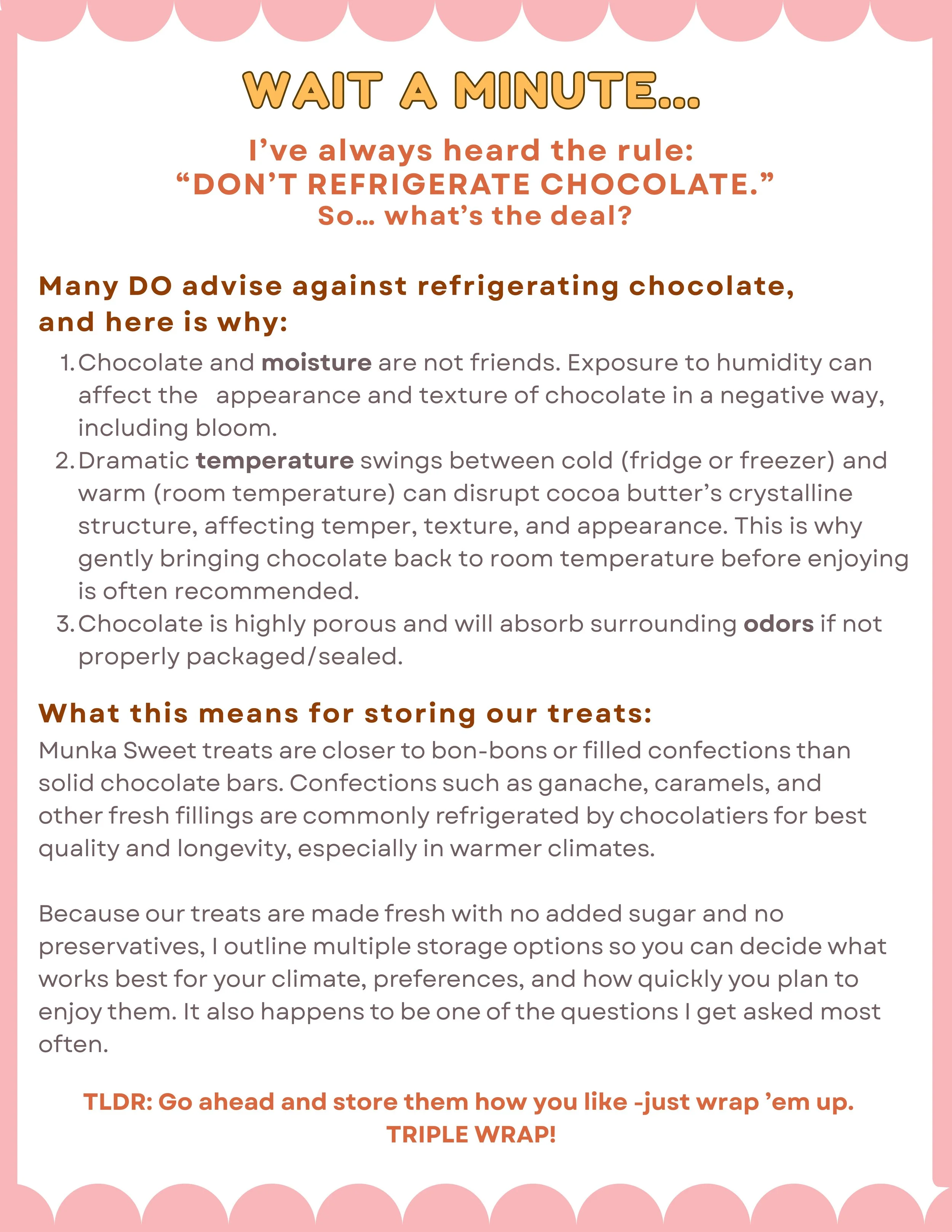 A pastel pink and white decorative paper with text providing tips for storing chocolate treats, including advice about refrigeration and packaging them in triple wrap.