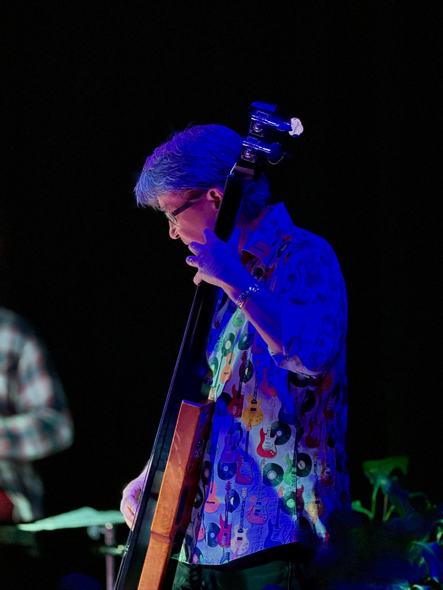 A man with gray hair and glasses playing a double bass on stage, illuminated by blue and purple stage lighting, wearing a colorful shirt with guitar and record patterns.