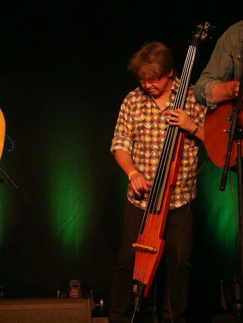 A person playing a bowed string instrument, possibly a hurdy-gurdy, on stage with green lighting in the background.