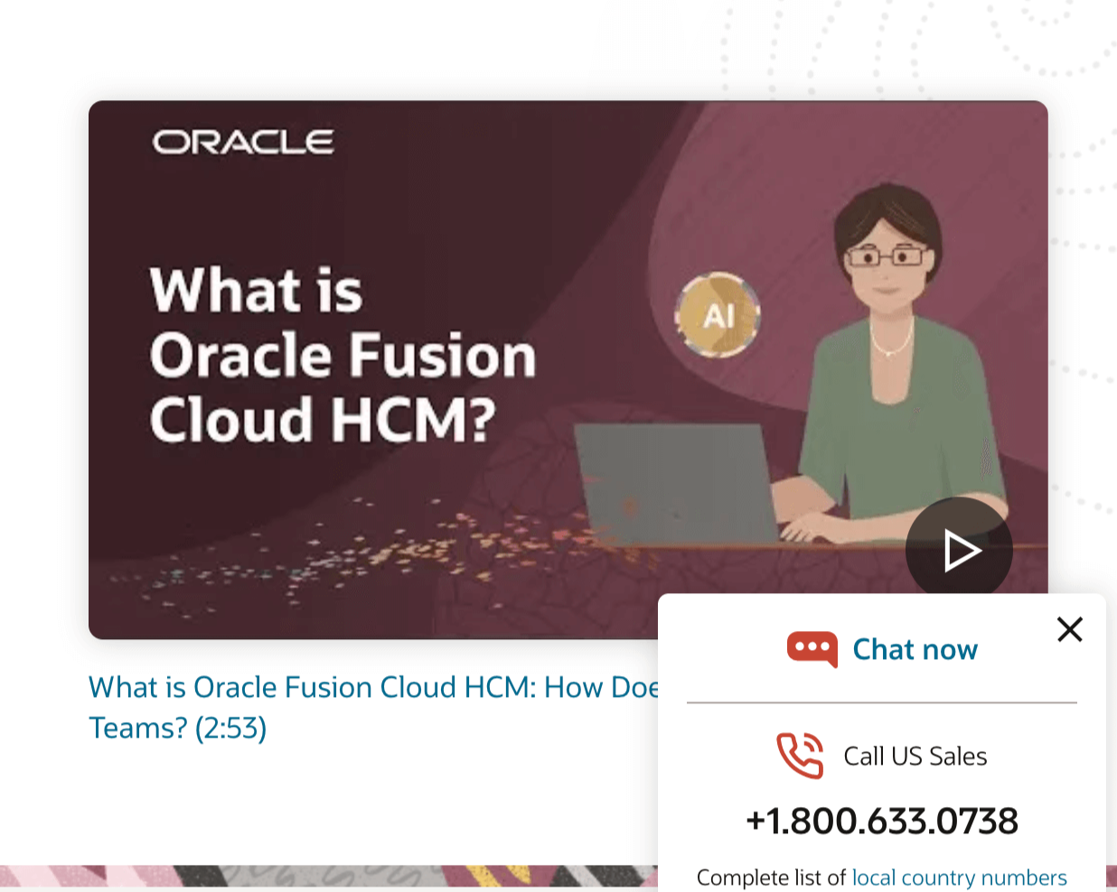 Oracle Fusion Cloud HCM webpage with chat button