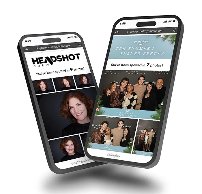 Two smartphones displaying personalized instant event photo galleries delivered via SMS for real-time social media sharing.