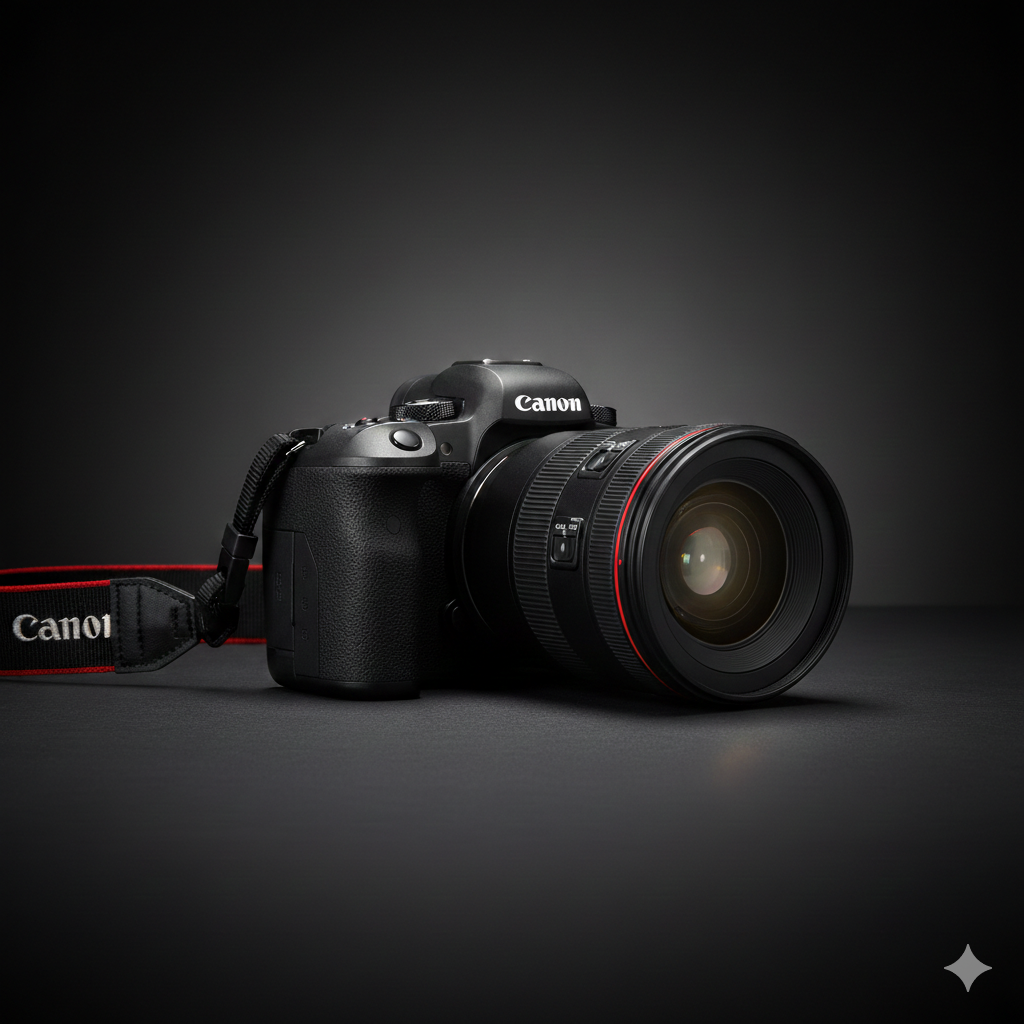 Professional Canon R5 mirrorless camera with RF 70-200mm f2.8 L IS USM lens on a dark studio background, representing the high-end photography gear used for Atlanta corporate events and philanthropic galas.