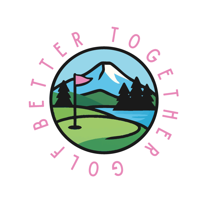 A circular logo with a mountain, green landscape, lake, and pink golf flag, surrounded by the text 'COURT BE TETHER TOGETHER' in pink.