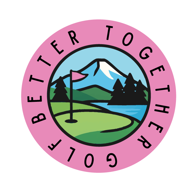 Logo featuring a golf course with a flagstick, surrounded by mountains and a lake, with a pink circular border and the text 'Golf Better Together'.