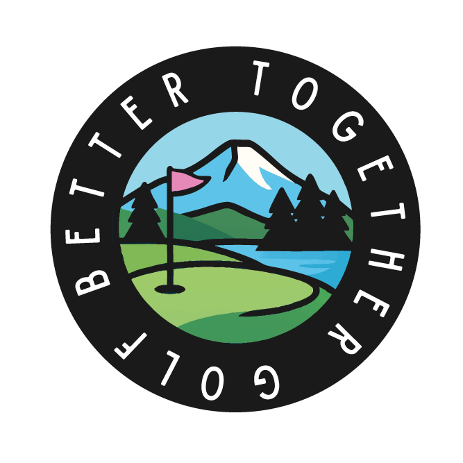 Logo with a mountain landscape, a golf course with a pink flag, and a lake, surrounded by the words "Golf Be Tether Together" in a circular pattern.