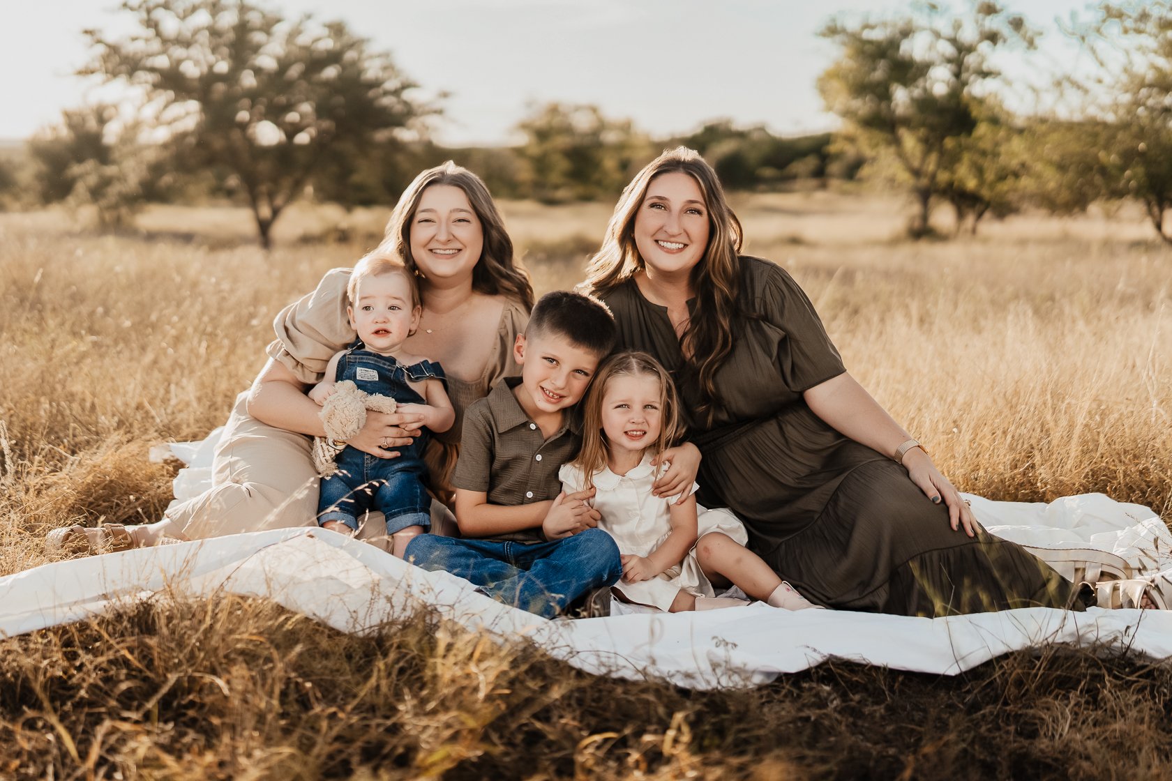 Family of six including two women, two young boys, a young girl, and an infant sitting on a blanket in a field with trees in the background during golden hour.