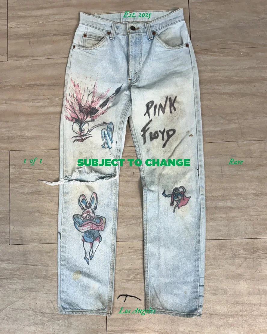 Light wash denim jeans with colorful hand-painted graphics including an eagle, a rabbit, a woman in a pink dress, and the words ‘PINK FLOYD’ written on the right leg, and the text ‘Est. 2025’ on the waistband. The jeans are laid flat on a wooden floo