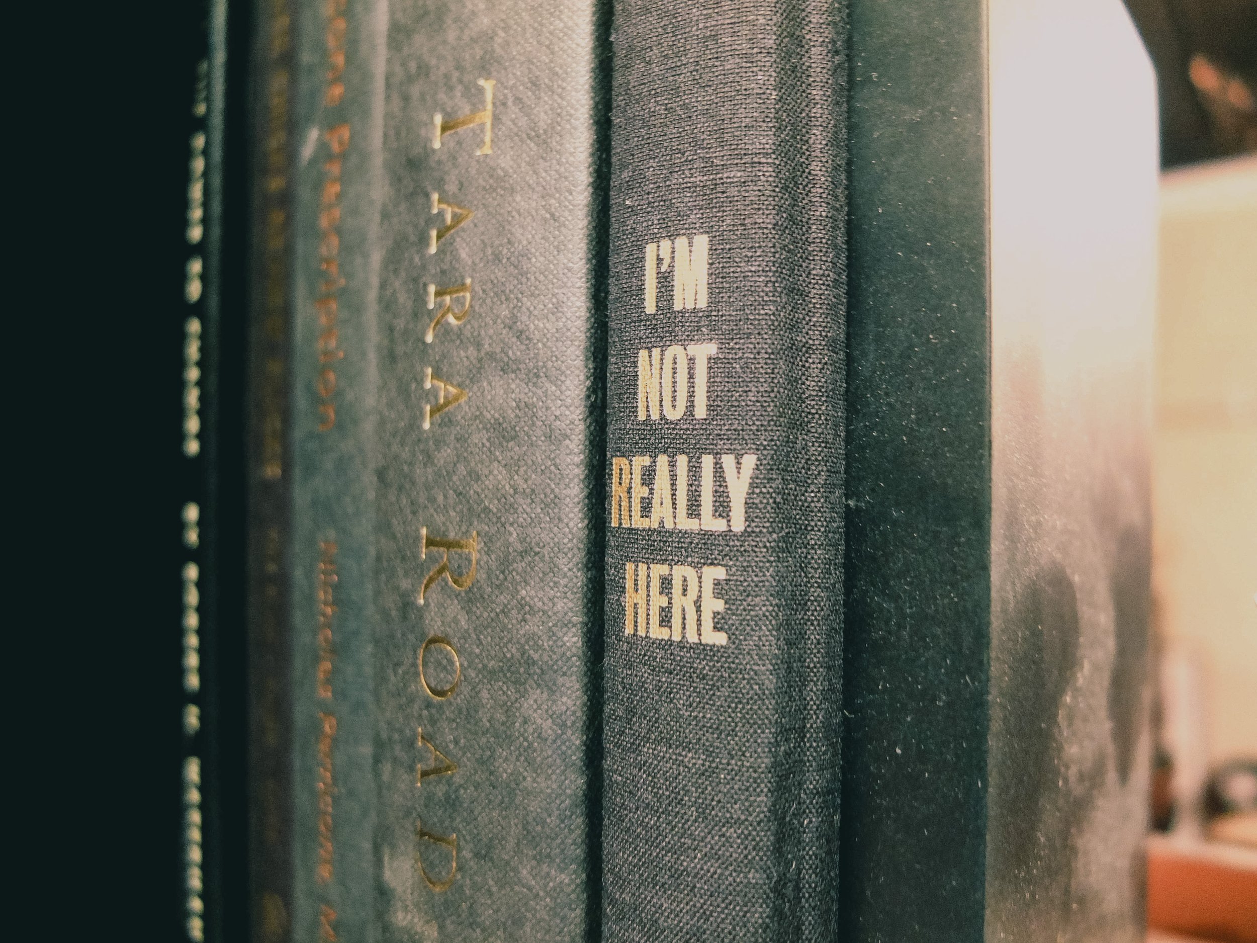Close-up of several books on a shelf, with one book titled 'I'M NOT REALLY HERE' and another titled 'HARRY A. ROAID' in gold lettering.