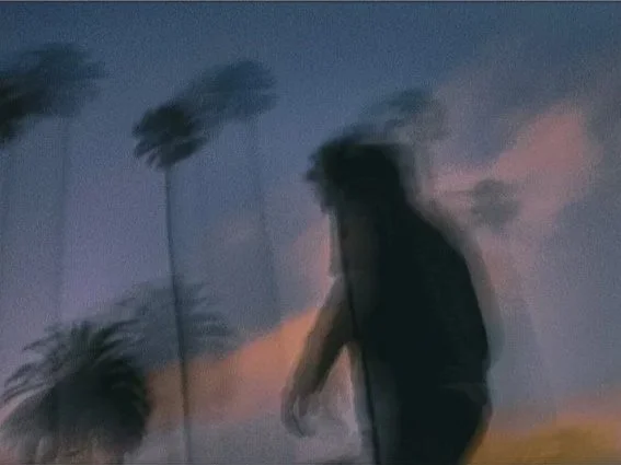 A blurred silhouette of a person standing outdoors with palm trees in the background during sunset or dusk.