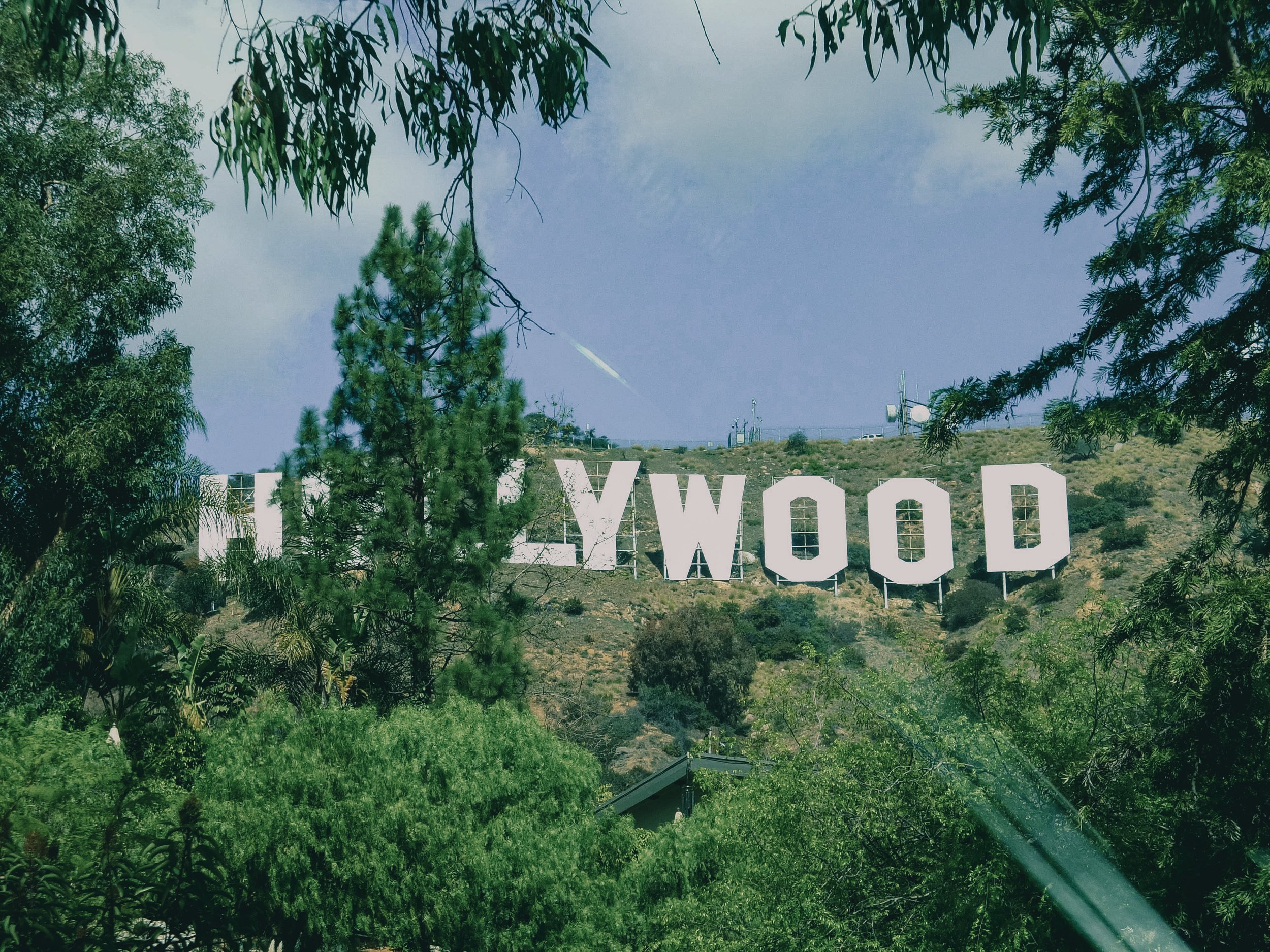 The Hollywood sign on a hillside surrounded by green trees