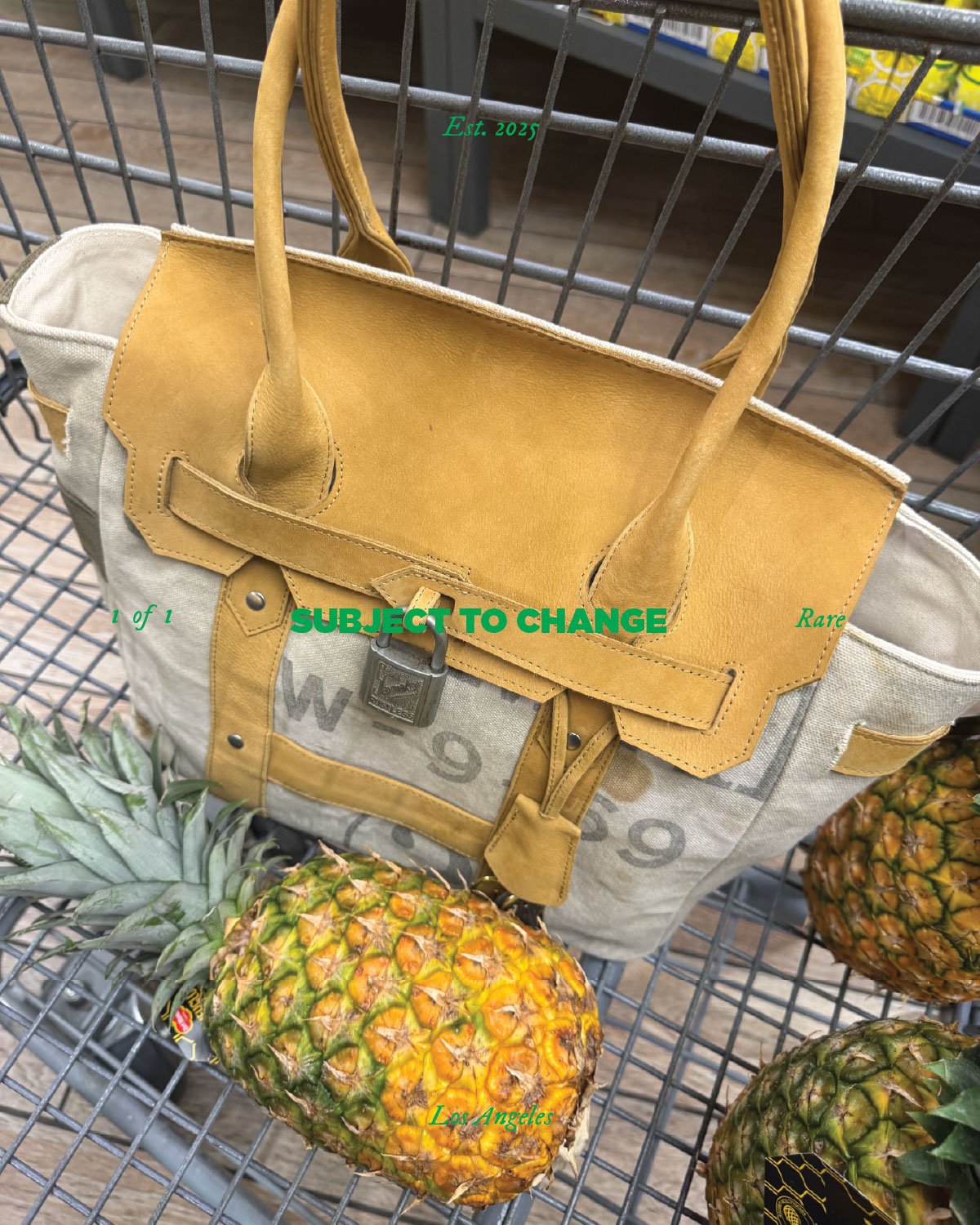 A beige and yellow designer bag in a shopping cart with four pineapples nearby. Text on the image reads 'Est. 2025', 'SUBJECT TO CHANGE', 'Rare', '1 of 1', and 'Los Angeles'.