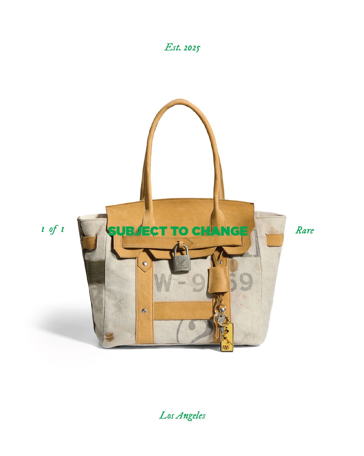 A beige and yellow handbag with a lock and key details, with green text over it that says 'SUBJECT TO CHANGE' and smaller text that says '1 of 1', 'Rare', 'Est. 2025', and 'Los Angeles'.