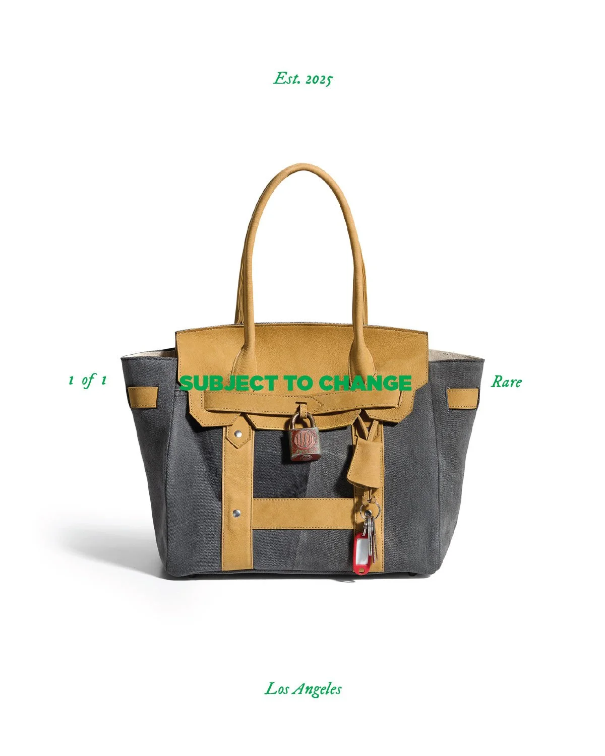 A photo of a large gray and tan tote bag with three keychains hanging from it, set against a white background. Green text over the bag reads "SUBJECT TO CHANGE" in the center. Additional green text includes "Est. 2025" at the top, "1 of 1" on the lef