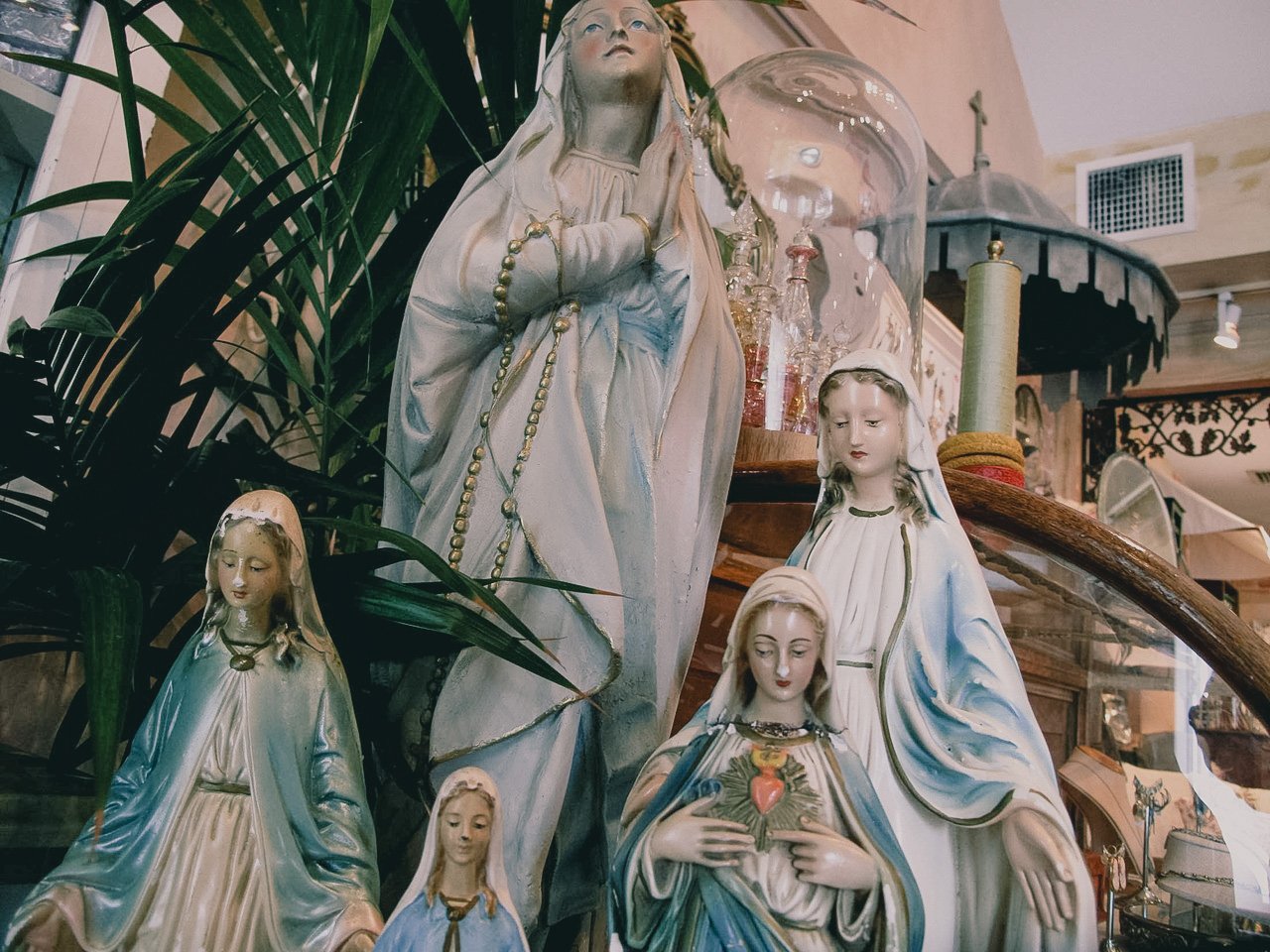 Collection of religious statues featuring the Virgin Mary in different poses, with some holding a heart or a book, displayed among plants and decorative items in an indoor setting.