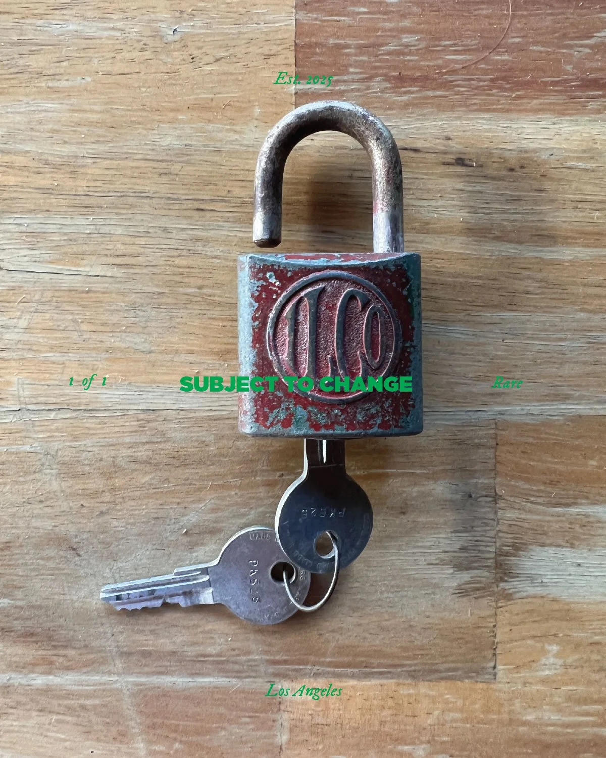 A weathered red and blue padlock with the number 10 on it, attached to a key with a black plastic head. The background is a wooden surface. Text on the image reads: 'Est. 2025', '1 of 1', 'Rare', 'Subject to Change', and 'Los Angeles' in various colo