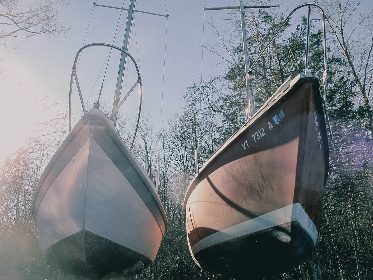 Two boats hanging upside down in a wooded outdoor area with leafless trees in the background.
