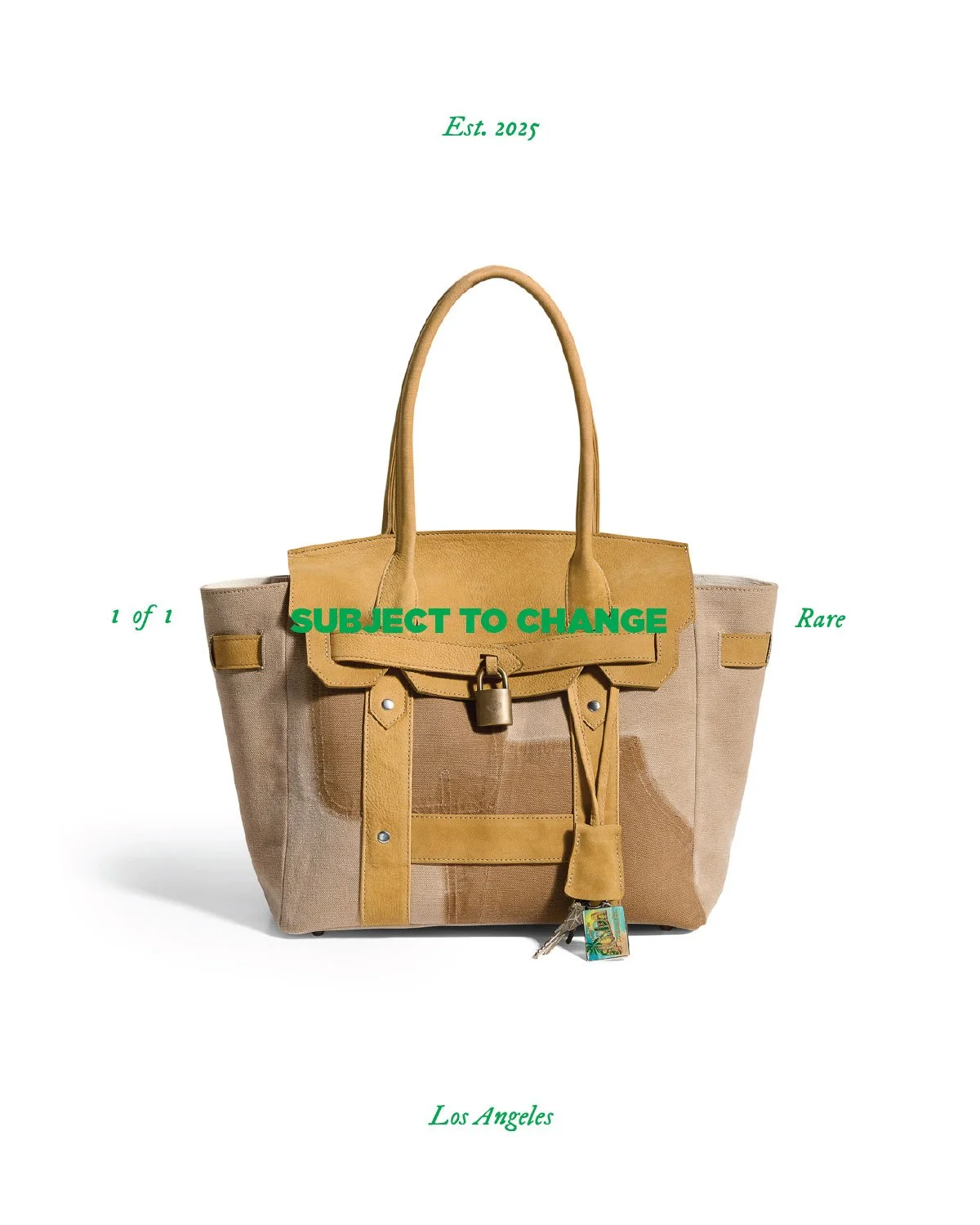 A beige and yellow tote bag with a lock and key, placed against a white background with green text indicating it is subject to change, labeled as rare, one of one, and based in Los Angeles.