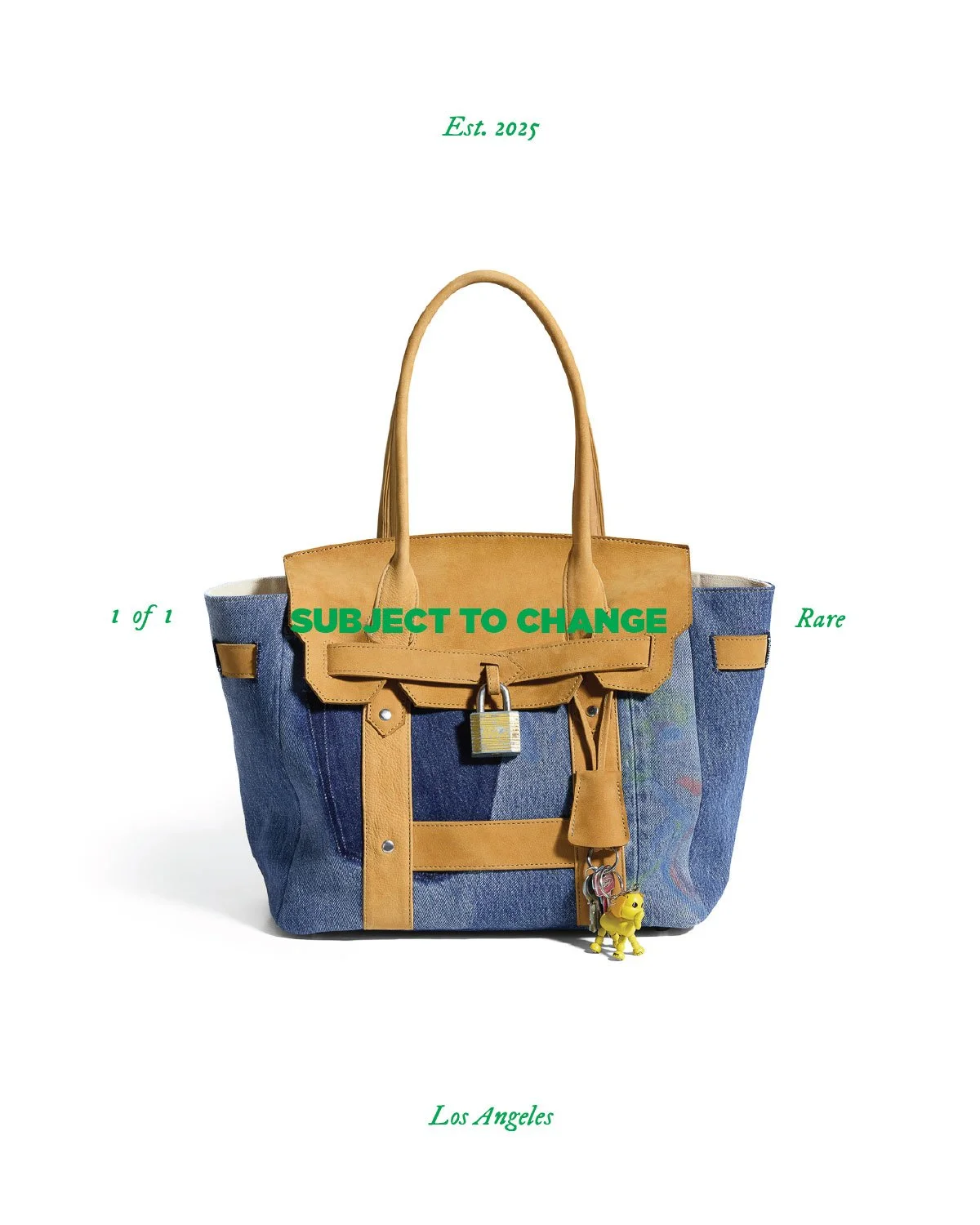 A handbag with a lock and a keychain hanging from it, against a white background with green text reading "Est. 2025," "1 of 1," "Rare," "SUBJECT TO CHANGE," and "Los Angeles."