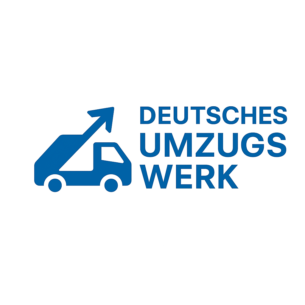 Blaues Logo eines Umzugsunternehmens mit einem Auto und einem nach oben gerichteten Pfeil, daneben der Text "Deutsches Umzugs Werk".