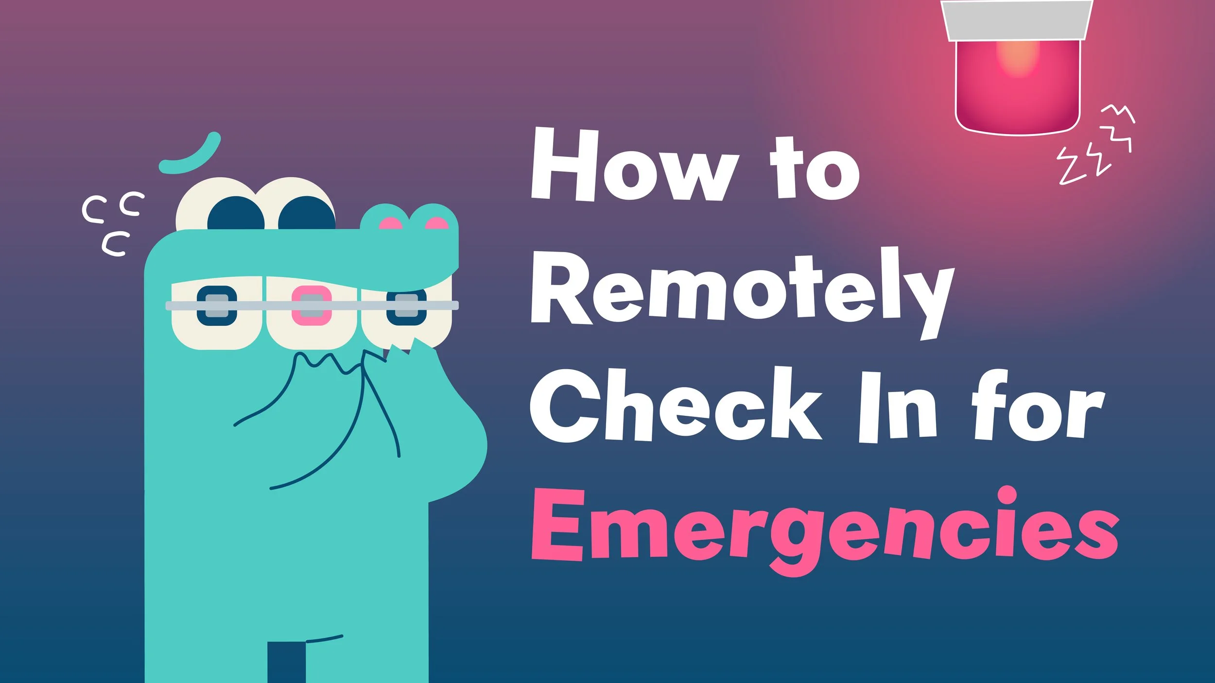 An illustrated cartoon crocodile with glasses and wide eyes, looking at a bright pink emergency light or alarm button.
