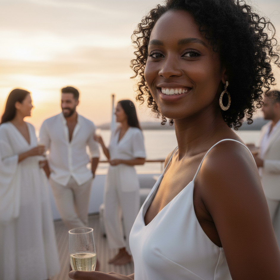 A smiling woman with curly hair and earrings holding a glass of champagne at a sunset gathering on a boat, with other people in white attire in the background.