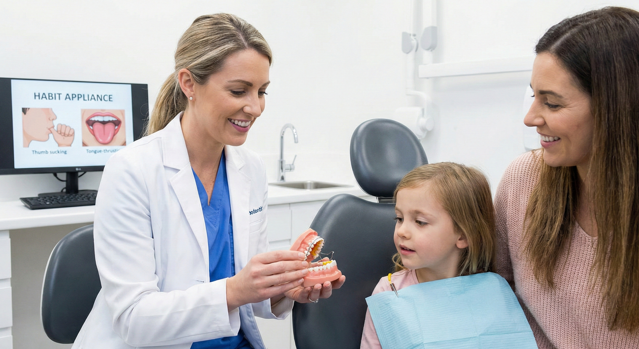 Dentist showing a dental model to a young girl patient and her mother in the dental office