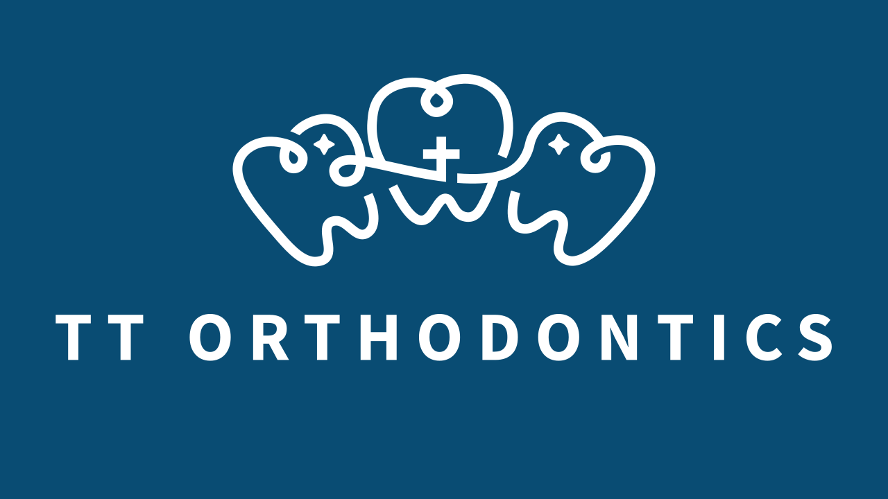 Logo of TT Orthodontics featuring stylized outlines of teeth, a plus sign, and sparkles, with the company name below.
