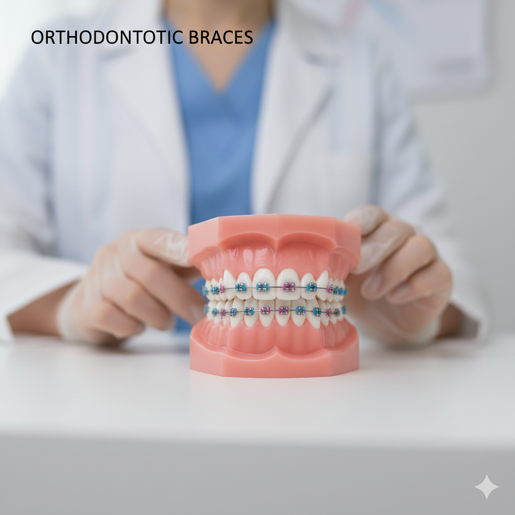 Person in medical attire holding a dental model with braces, labeled 'ORTHODONTIC BRACES'.
