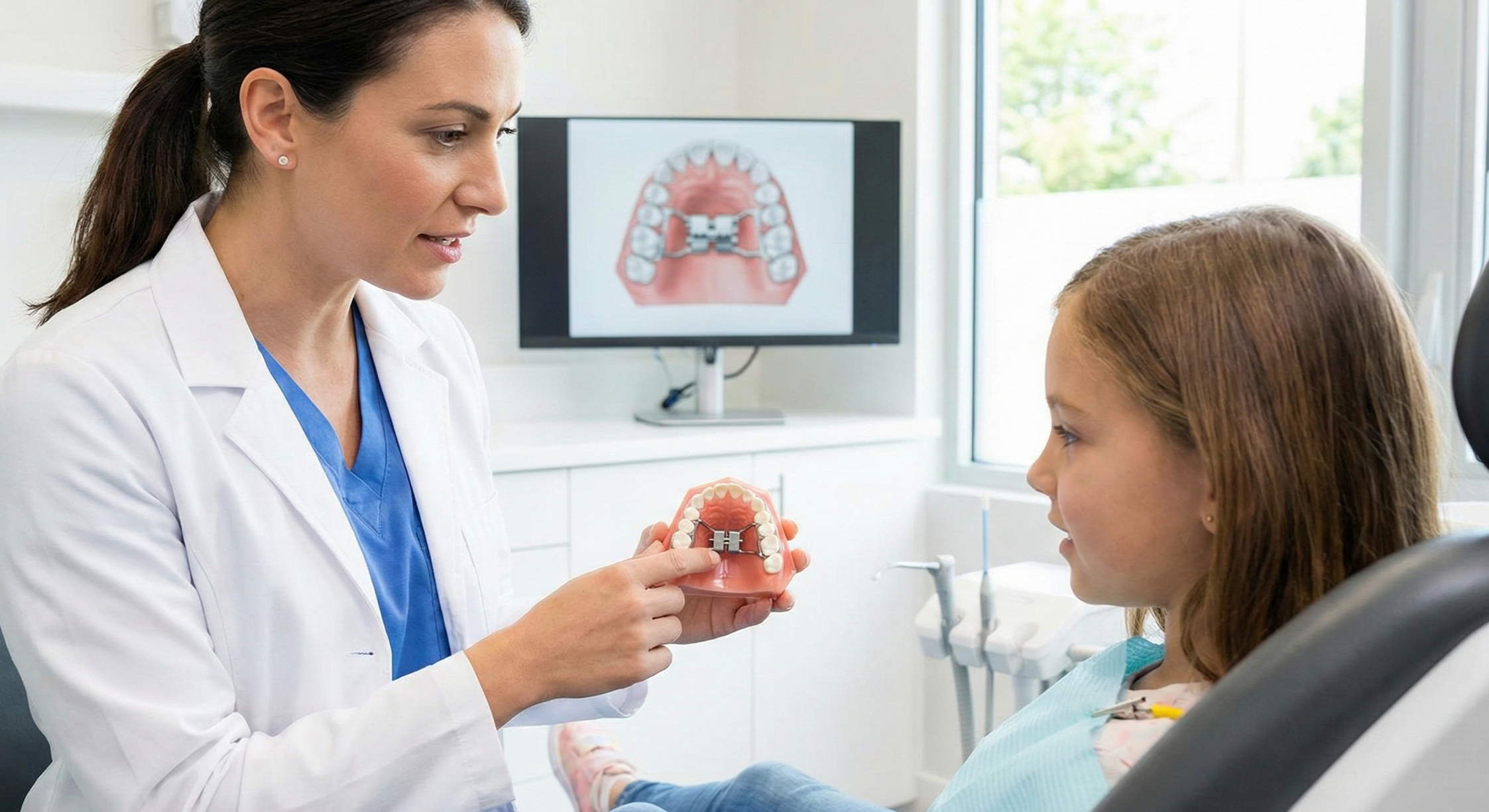 Dentist showing a dental model to a young girl in a dental office with a monitor displaying dental images in the background.