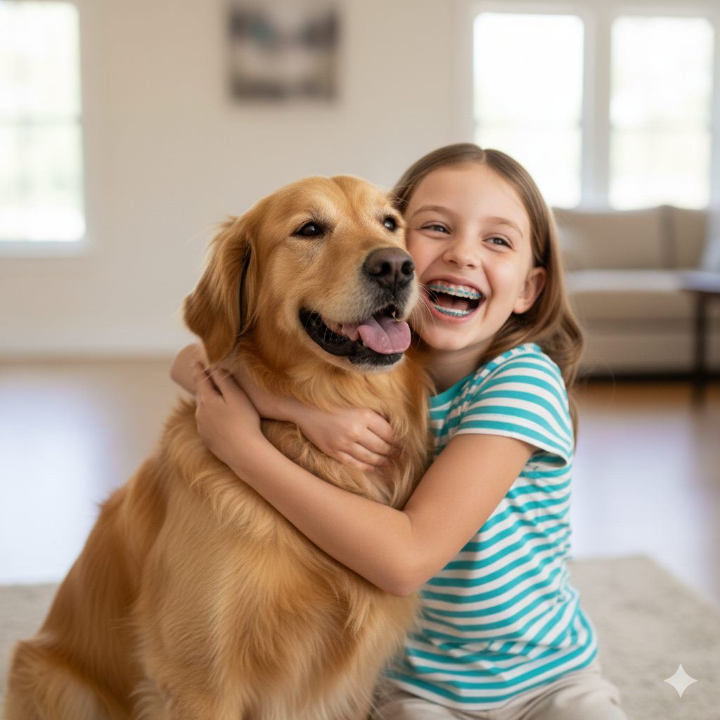 A girl with braces hugging a golden retriever in a bright living room.
