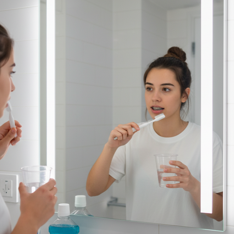 Young woman brushing her teeth while looking in the mirror, holding a glass of water, in a bright bathroom