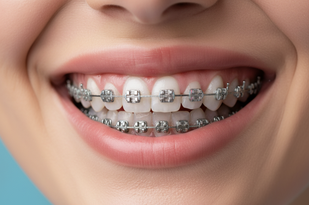 Close-up of a person's smile showing braces on teeth.