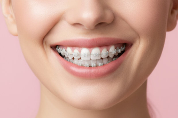 Close-up of a person smiling, showing teeth with braces.