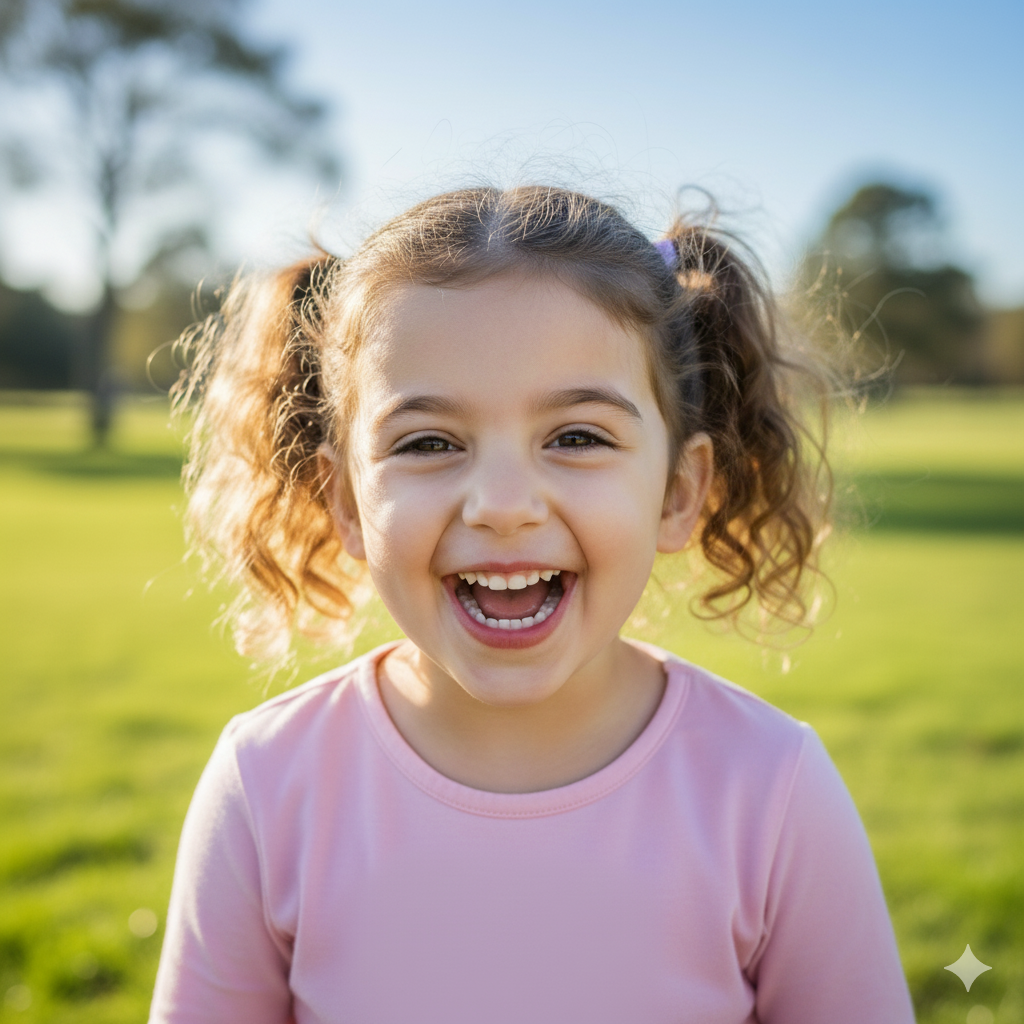 A young girl with curly brown hair in pigtails, wearing a light pink shirt, smiling and laughing outdoors on a sunny day in a park with green grass and trees in the background.