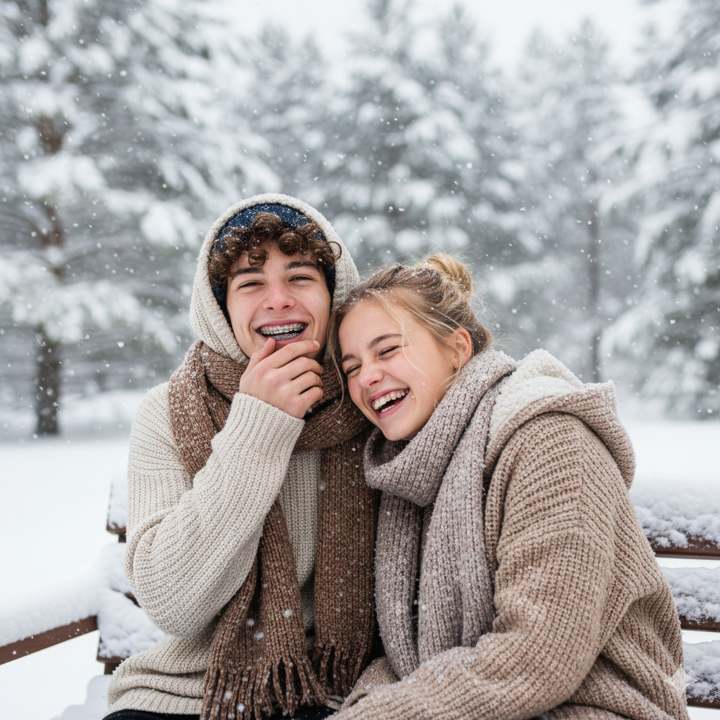A young man and woman laughing together outdoors in the snow, dressed in cozy winter clothing, with snowy trees in the background.