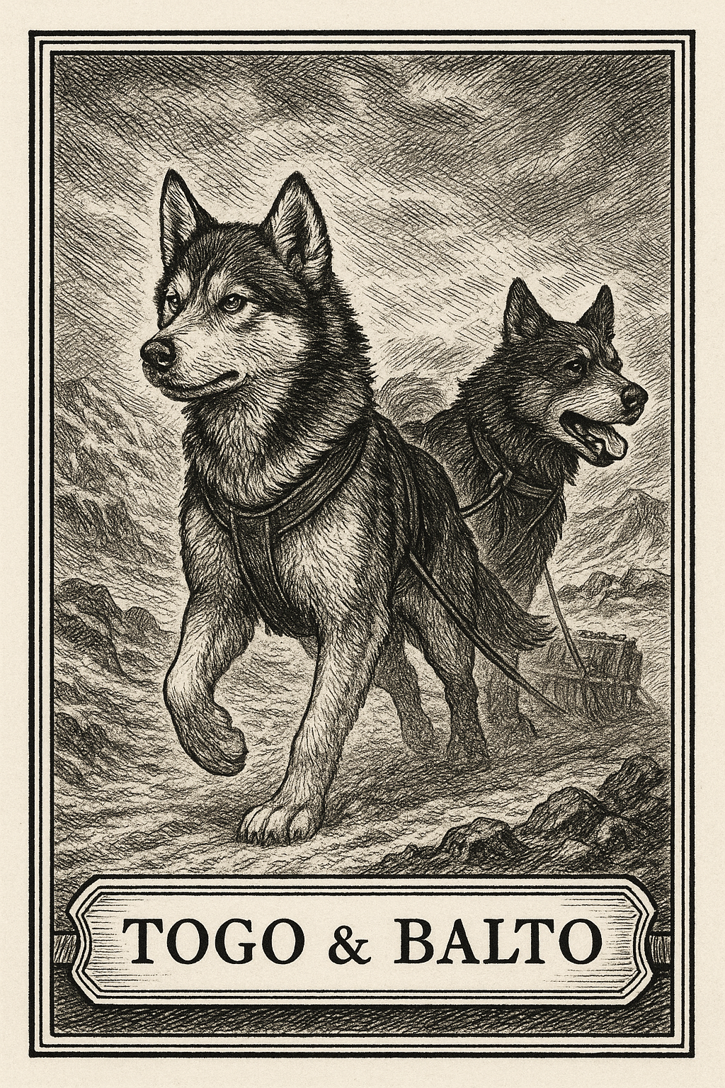 Togo and Balto illustrated as sled dogs pulling a sled through snowy mountains in a vintage engraved style.