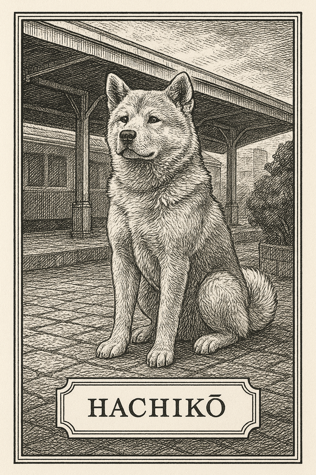 faithful akita dog sitting by shibuya station waiting at the ticket gate