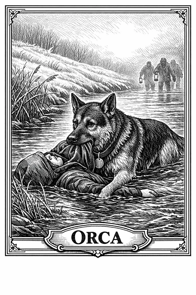 Orca, a heroic dog, stands chest-deep in a flooded Welsh river while holding his owner’s coat in his jaws as rescuers approach through frost and mist.