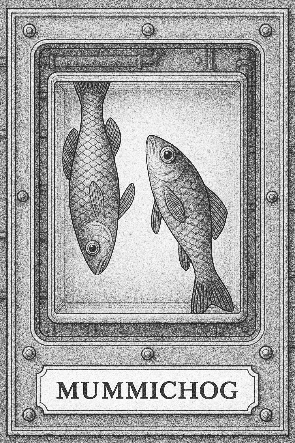 Two mummichog fish floating inside a sealed aquarium mounted to a wall with pipes and panels in the background. A rectangular border surrounds the image with a label that says “Mummichog.”