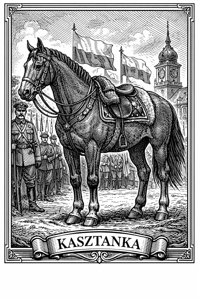 Black-and-white engraved depiction of Kasztanka, Marshal Józef Piłsudski’s chestnut mare, standing calmly during a Warsaw military parade beneath Polish flags in the 1920s.